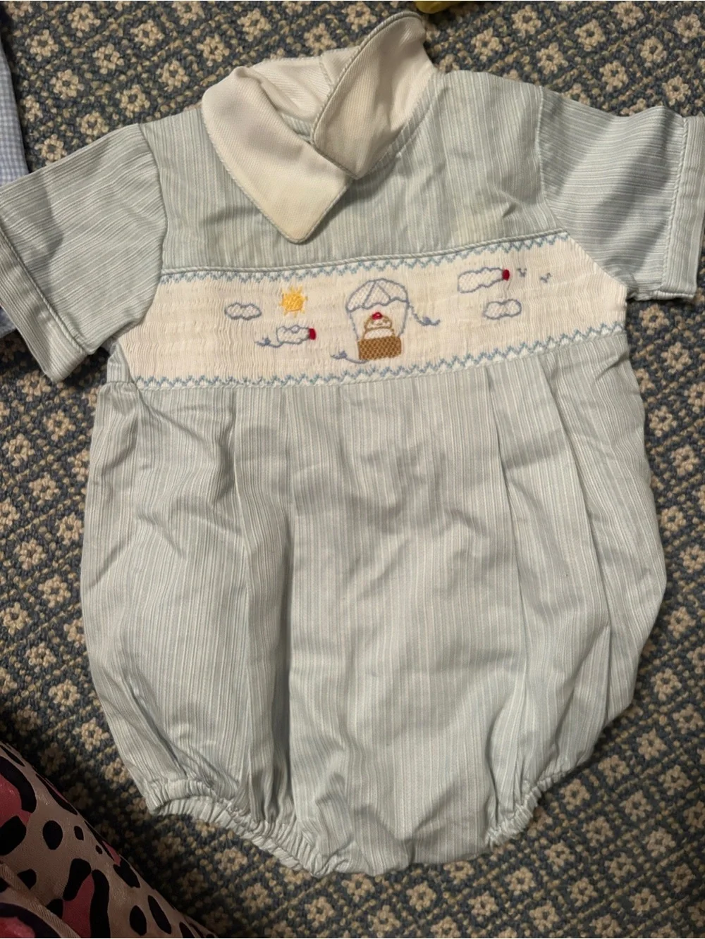 Carriage Boutique Light Blue and White Smocked Hot Air Balloon One-Piece